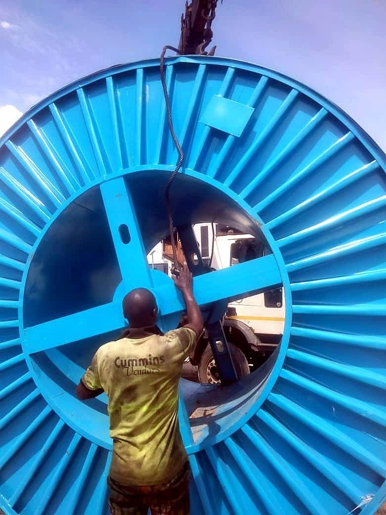 Large blue cable drum